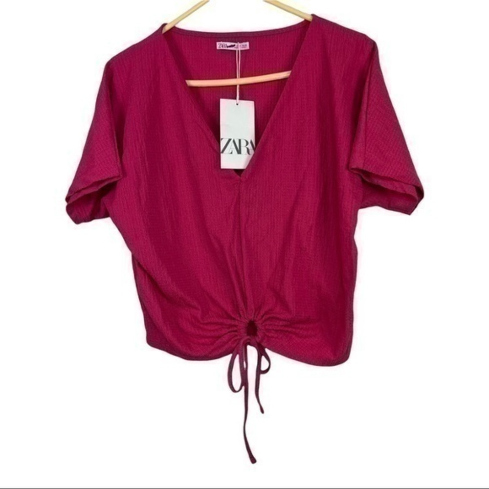 Zara NWT Size M Top Pink Crinkle Gathered Ring Tie Short Sleeve V-Neck